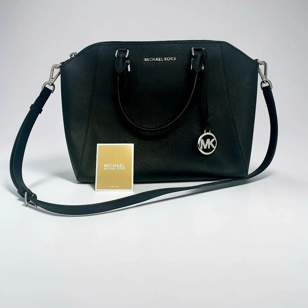 Michael Kors Black Saffiano Leather Satchel Crossbody Purse Silver Hardware